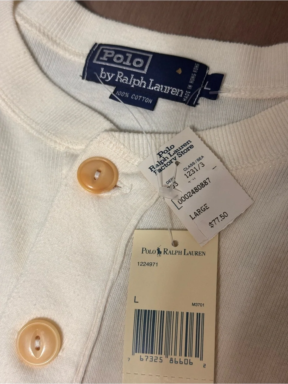 Polo Ralph Lauren NWT Mens L Henley Pullover Sweatshirt Cream Pony Cotton Preppy